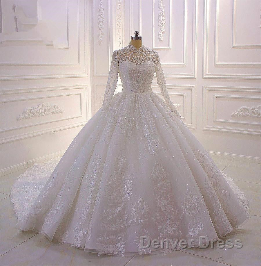 Sparkle Lace Ball Gowns High Neck Tull Long Sleevess Wedding Dresses