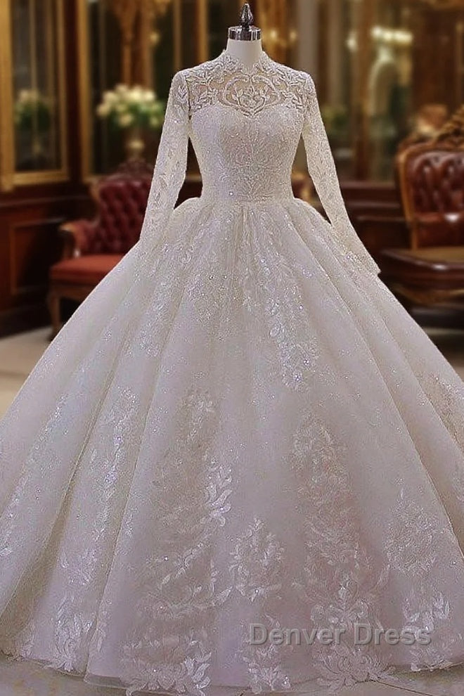 Sparkle Lace Ball Gowns High Neck Tull Long Sleevess Wedding Dresses