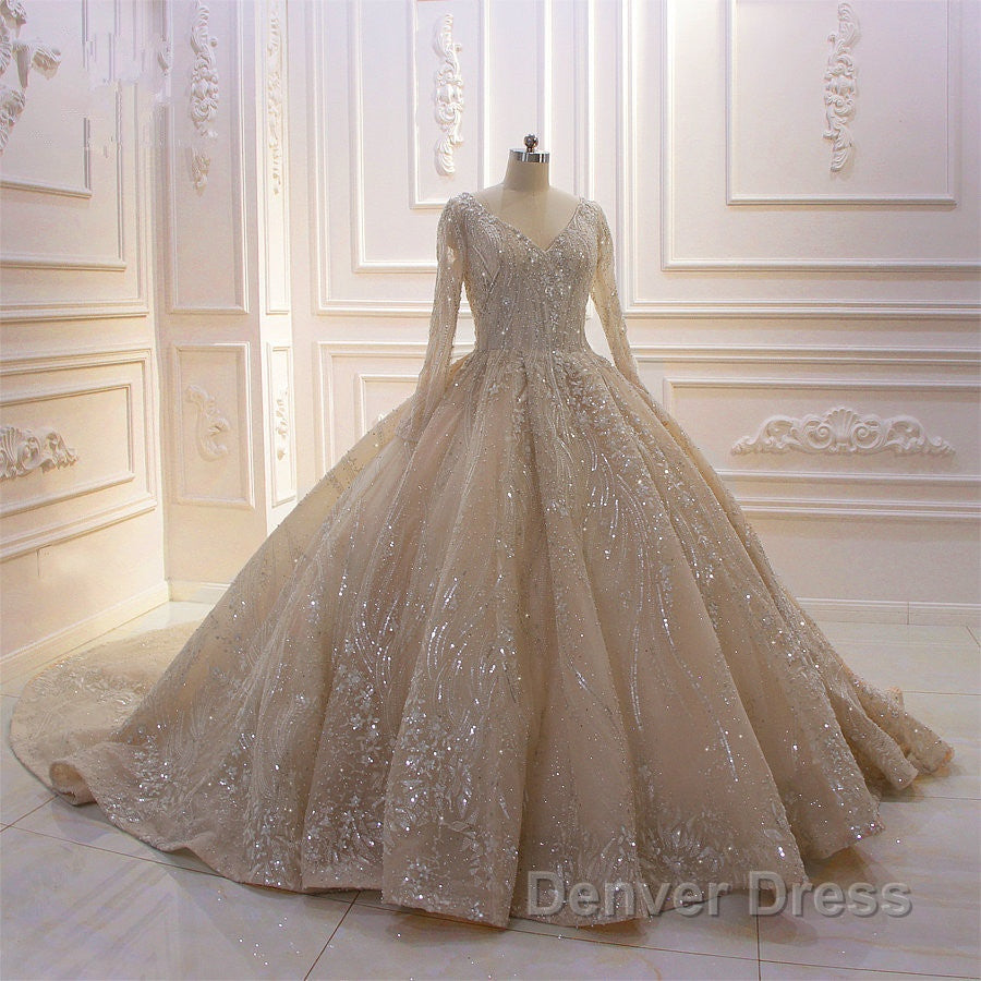 Sparkle Lace Long Sleevess Champange Luxurious corset Wedding Dresses