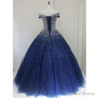 Sparkle Navy Blue Off Shoulder Ball Prom Dress,Red Black Beaded Prom Dresses