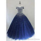 Sparkle Navy Blue Off Shoulder Ball Prom Dress,Red Black Beaded Prom Dresses
