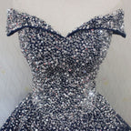 Sparkle Navy Blue Off Shoulder Ball Prom Dress,Red Black Beaded Prom Dresses