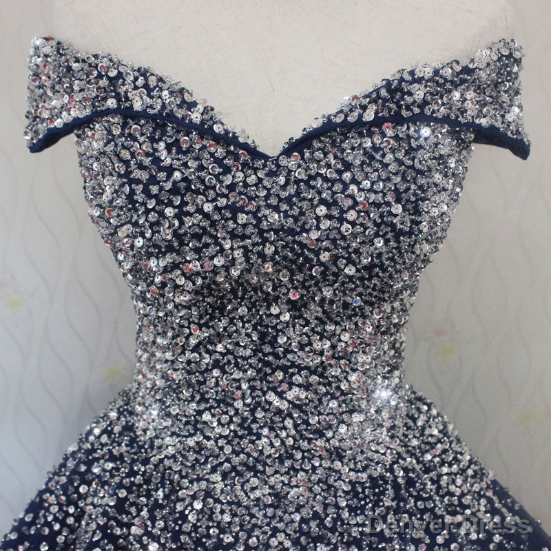 Sparkle Navy Blue Off Shoulder Ball Prom Dress,Red Black Beaded Prom Dresses