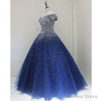 Sparkle Navy Blue Off Shoulder Ball Prom Dress,Red Black Beaded Prom Dresses