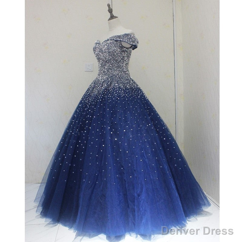 Sparkle Navy Blue Off Shoulder Ball Prom Dress,Red Black Beaded Prom Dresses