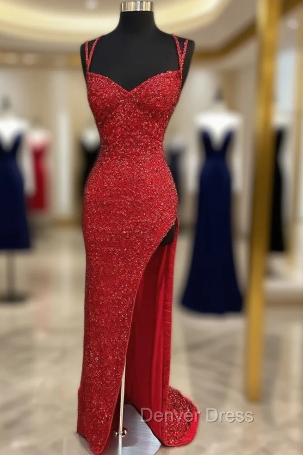 Sparkle Red Bodycon Sequined Long Prom Dresses