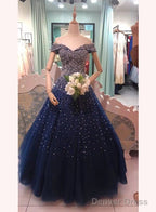 Sparkle Sequins Off Shoulder Tulle Long Prom Dress, Beautiful Sweet 16 Gown