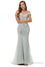 Sparkle Silver Mermaid Beaded Cap Sleeves Off The Shoulder Prom Dresses