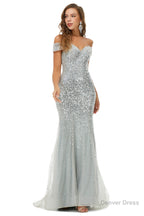 Sparkle Silver Mermaid Beaded Cap Sleeves Off The Shoulder Prom Dresses