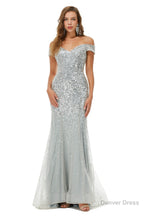 Sparkle Silver Mermaid Beaded Cap Sleeves Off The Shoulder Prom Dresses