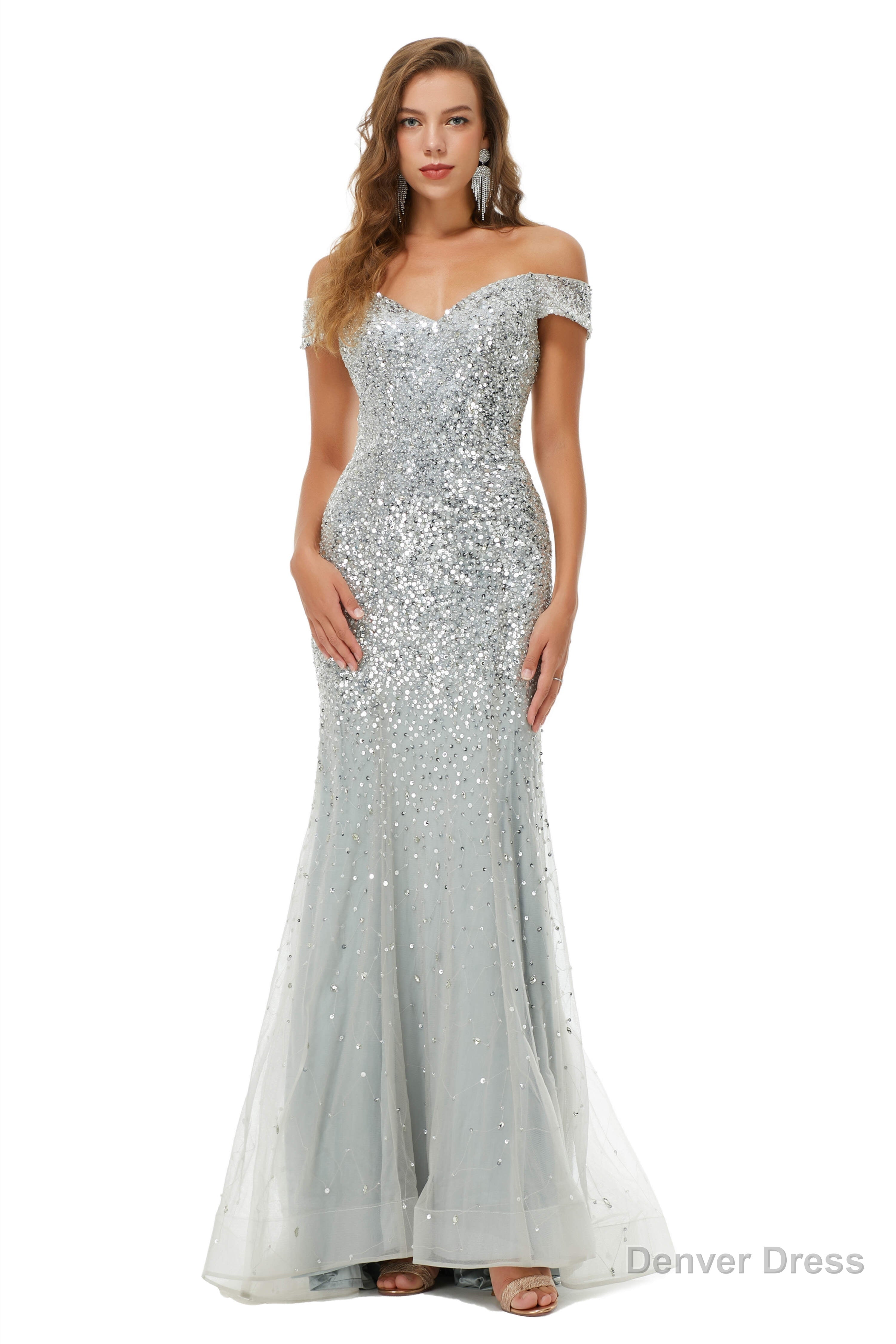 Sparkle Silver Mermaid Beaded Cap Sleeves Off The Shoulder Prom Dresses