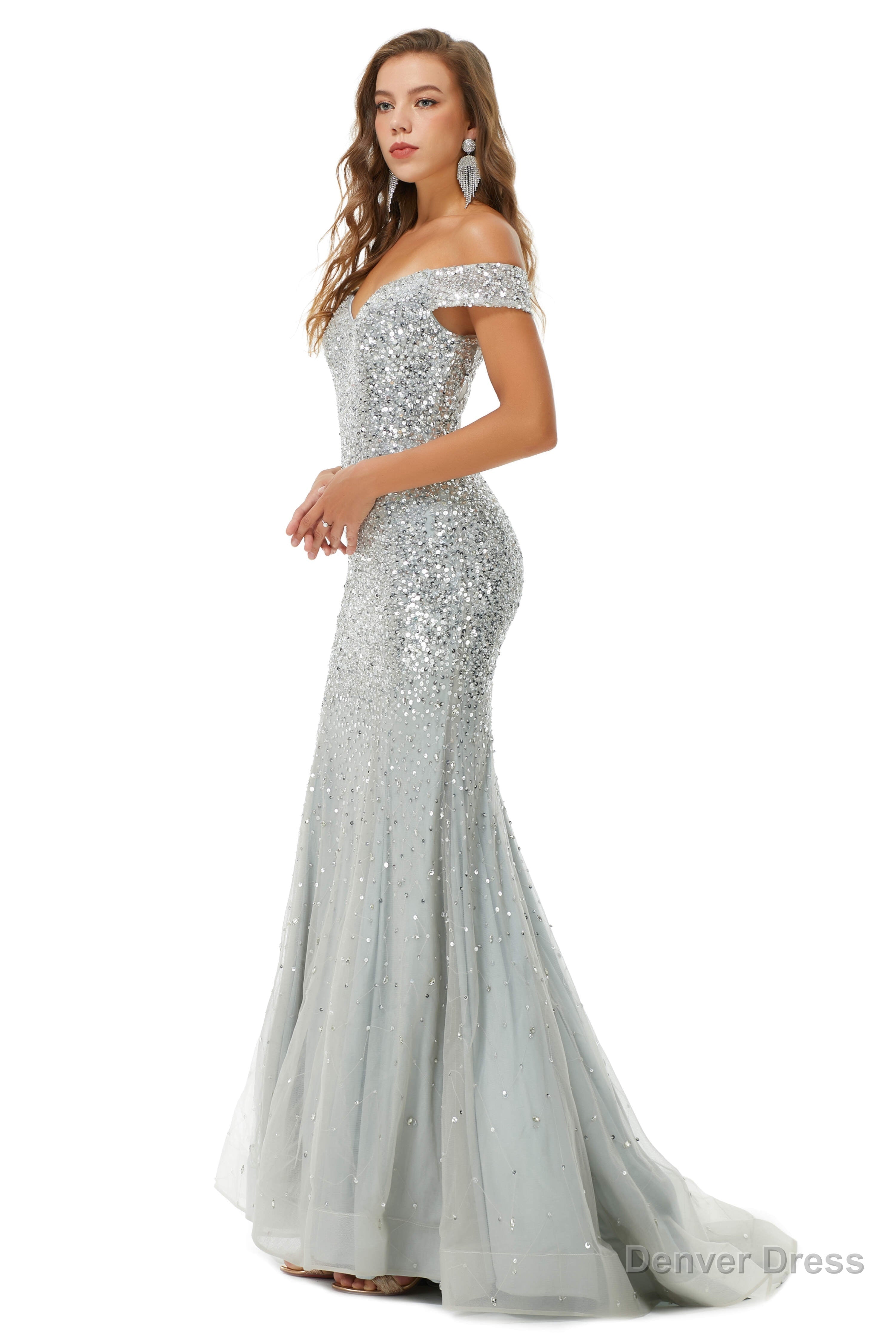 Sparkle Silver Mermaid Beaded Cap Sleeves Off The Shoulder Prom Dresses