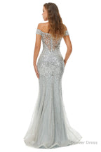 Sparkle Silver Mermaid Beaded Cap Sleeves Off The Shoulder Prom Dresses