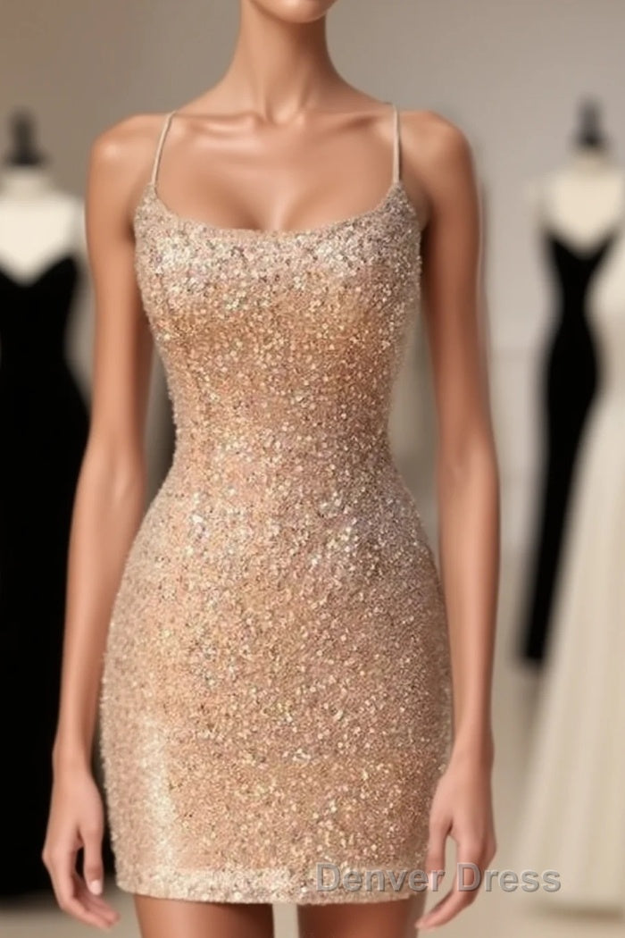 Sparkle Straps Tight Peach Sequins Short Homecoming Dresses