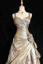 Sparkling A-Line V-Neck Satin Backless Long Prom Dresses Formal Evening Dresses Graduation Prom Dresses