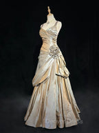 Sparkling A-Line V-Neck Satin Backless Long Prom Dresses Formal Evening Dresses Graduation Prom Dresses