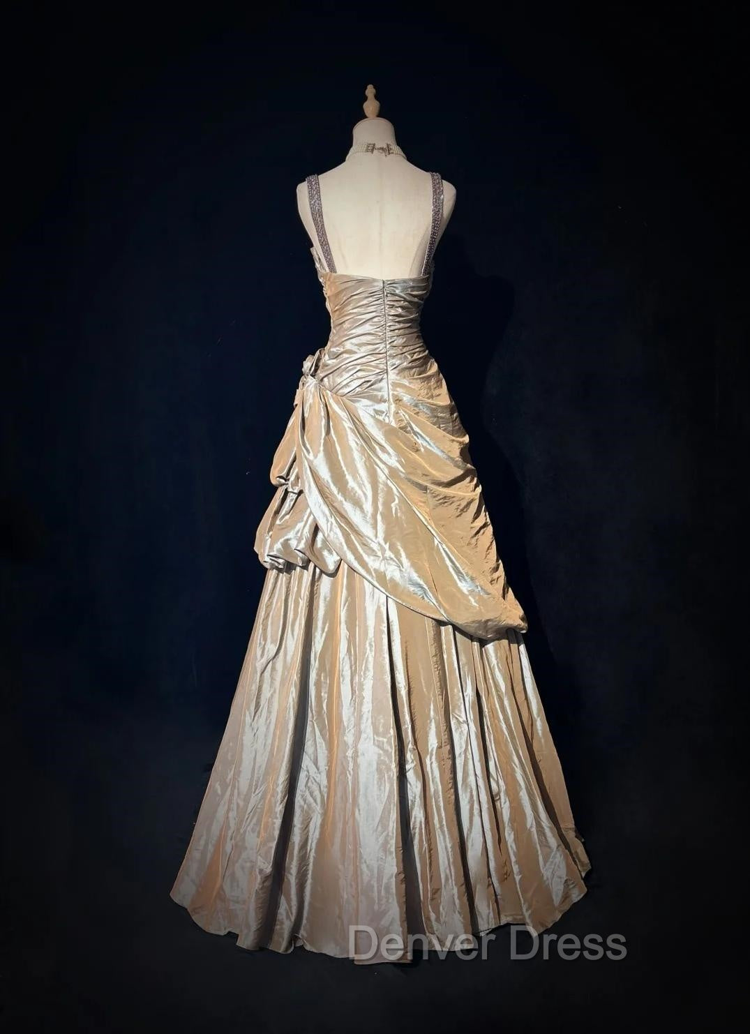 Sparkling A-Line V-Neck Satin Backless Long Prom Dresses Formal Evening Dresses Graduation Prom Dresses