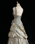 Sparkling A-Line V-Neck Satin Backless Long Prom Dresses Formal Evening Dresses Graduation Prom Dresses