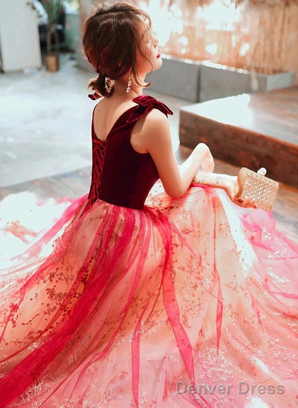 Sparkling A-Line Velvet Tulle Long Party Dress Red V-Neckline Prom Dress Secondary image