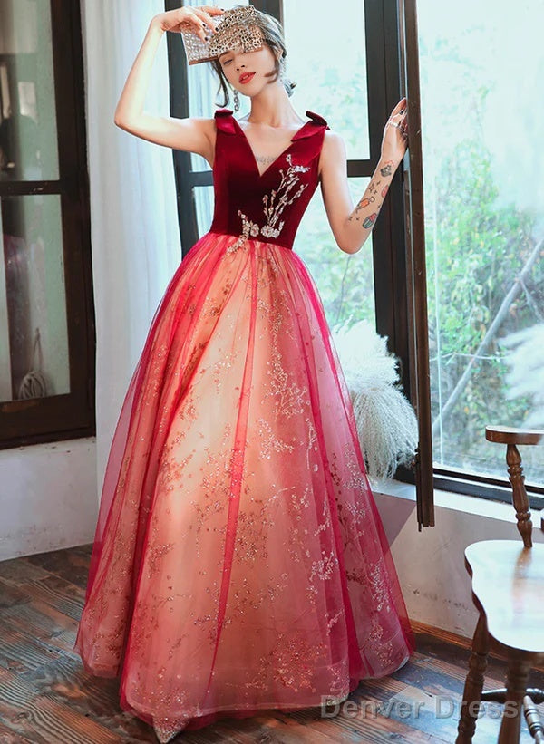 Sparkling A-Line Velvet Tulle Long Party Dress Red V-Neckline Prom Dress Main image