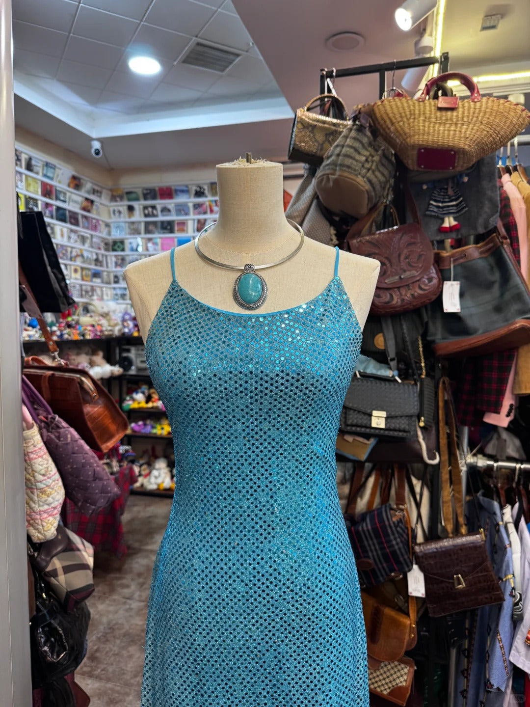 Sparkling Blue Crossback Sequined Long Prom Dresses