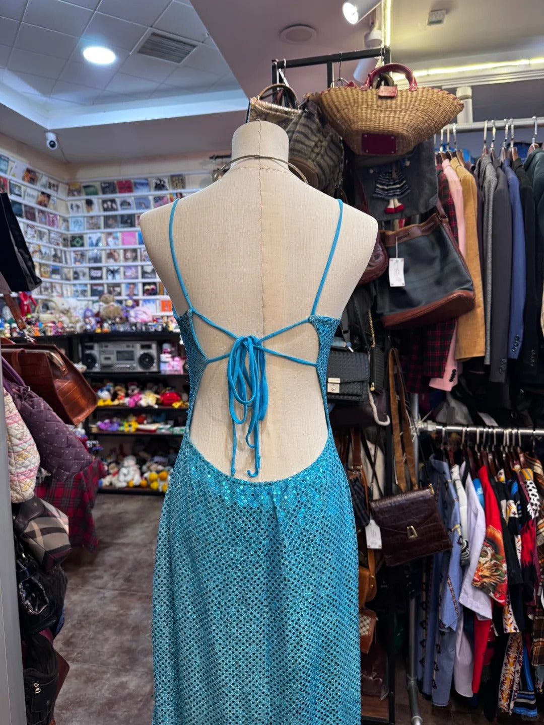 Sparkling Blue Crossback Sequined Long Prom Dresses