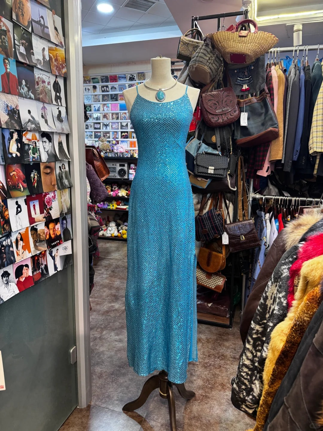 Sparkling Blue Crossback Sequined Long Prom Dresses