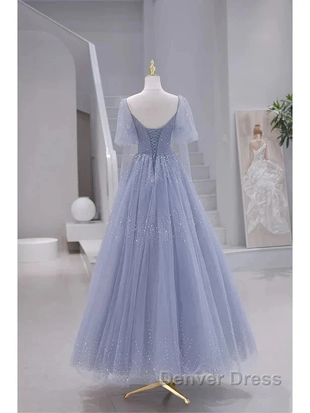 Sparkling Blue Short Sleeves Tulle Long Sweetheart Party Dresses A-Line Blue Prom Dresses Secondary image