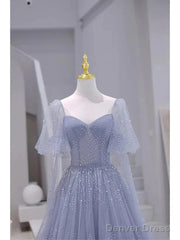 Sparkling Blue Short Sleeves Tulle Long Sweetheart Party Dress A-Line Blue Prom Dress