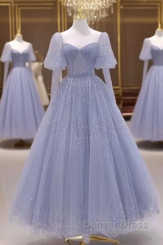 Sparkling Blue Short Sleeves Tulle Long Sweetheart Party Dresses A-Line Blue Prom Dresses Main image