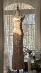 Sparkling Champagne Halter Neck Sequin Mermaid Long Prom Dress