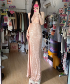 Sparkling Champagne Pink Halter Neck High Slit Sequined Long Prom Dresses Evening Dresses
