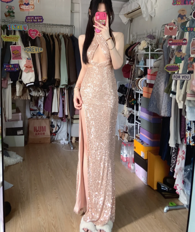 Sparkling Champagne Pink Halter Neck High Slit Sequined Long Prom Dresses Evening Dresses