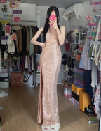 Sparkling Champagne Pink Halter Neck High Slit Sequined Long Prom Dresses Evening Dresses