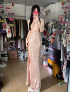 Sparkling Champagne Pink Halter Neck High Slit Sequined Long Prom Dresses Evening Dresses