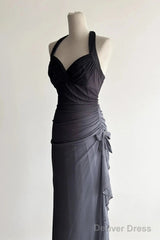 Sparkling Gradient Dark Gray Halter Neck Ruffle Sheath Prom Dress Birthday Dress