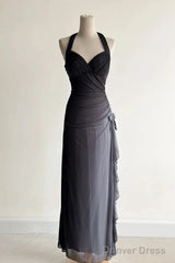 Sparkling Gradient Dark Gray Halter Neck Ruffle Sheath Prom Dress Birthday Dress