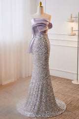 Sparkling Lavender Color Sleeveless Off Shoulder Sequin Evening Dress With Lavender Color Mermaid Backless Strap And Floor Length Evening Dress