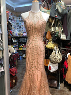 Sparkling Pink Mermaid Halter Neck Crossback Backless Tulle Long Prom Dresses Evening Dresses