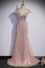 Sparkling Powder Blusher Pink Sequins Off Shoulder Short Sleeve Evening Dress Powder Blusher Pink Trumpet/Mermaid Open Back Zipper Sweep Tail Prom Dress
