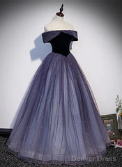 Sparkling Purple Gradient Tulle Off Shoulder A-Line Purple Evening Dress Prom Dress