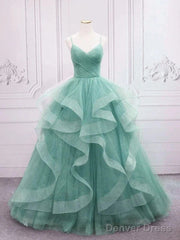 Sparkling Quinceanera Dress V Neck Tulle Long Prom Dress Green Sweet Dress Floor Length