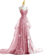 Sparkling Rose Gold Mermaid Slit Train Sequined Prom Dresses Evening Dresses