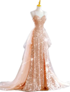 Sparkling Rose Gold Mermaid Slit Train Sequined Prom Dresses Evening Dresses