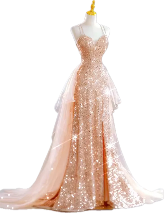 Sparkling Rose Gold Mermaid Slit Train Sequined Prom Dresses Evening Dresses