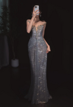 Sparkling Silver-Grey Mermaid Sequined Long Prom Dresses Evening Dresses