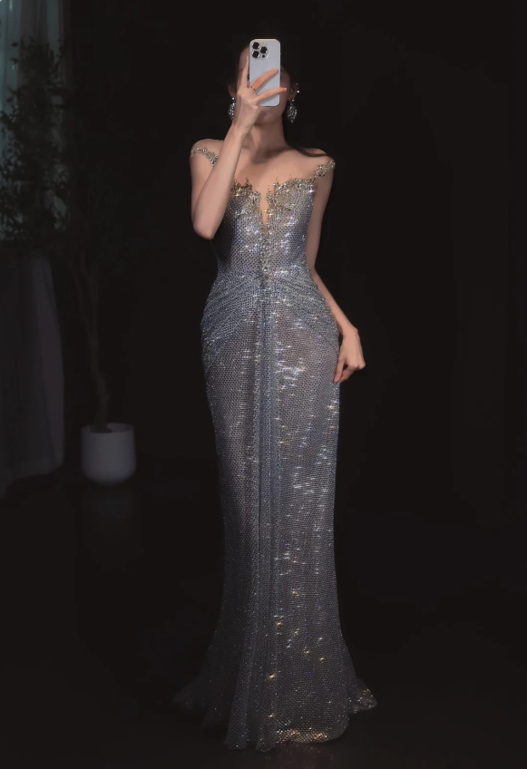 Sparkling Silver-Grey Mermaid Sequined Long Prom Dresses Evening Dresses