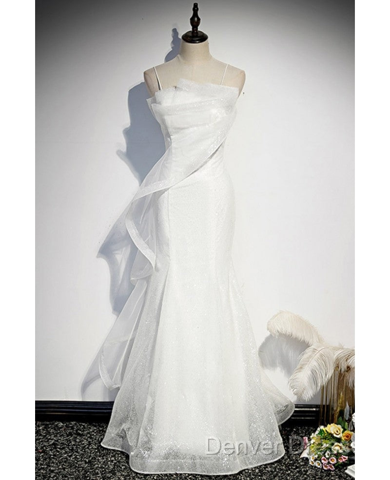 Sparkling White Sleeveless Off Shoulder Ball Dress With White Thin Shoulder Straps Backless Straps And Floor Length Ruffled Edge For Prom Dressesing Secondary image