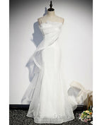 Sparkling White Sleeveless Off Shoulder Ball Dress With White Thin Shoulder Straps Backless Straps And Floor Length Ruffled Edge For Prom Dressesing