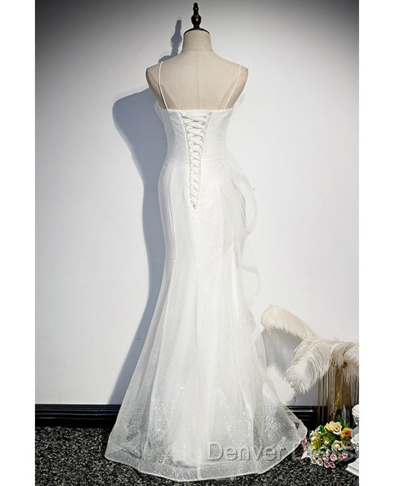Sparkling White Sleeveless Off Shoulder Ball Dress With White Thin Shoulder Straps Backless Straps And Floor Length Ruffled Edge For Prom Dressesing